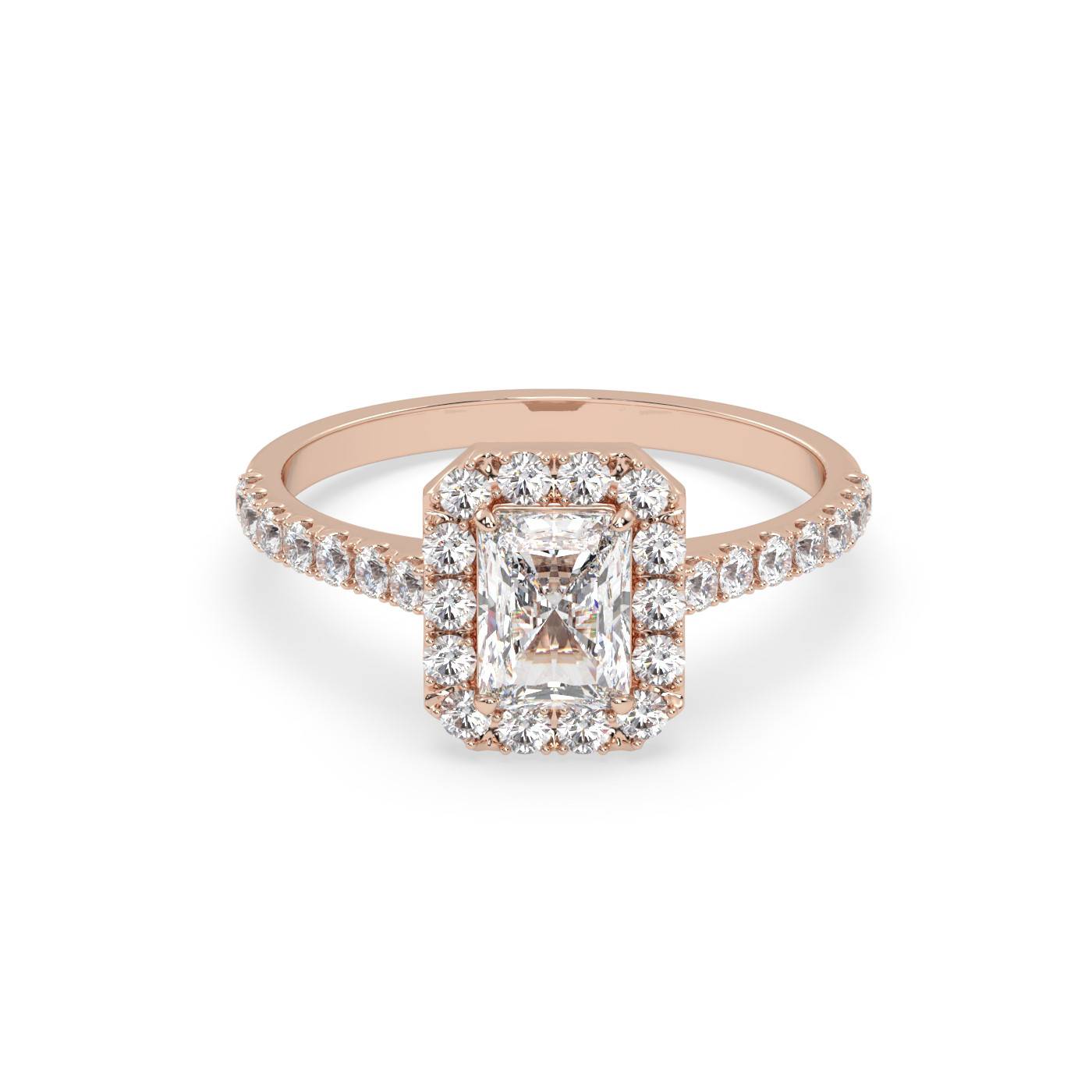 Pierścionek Halo z Różowego Złota 18k z Diamentem o Szlifie Radiant i Obrączką Pavé