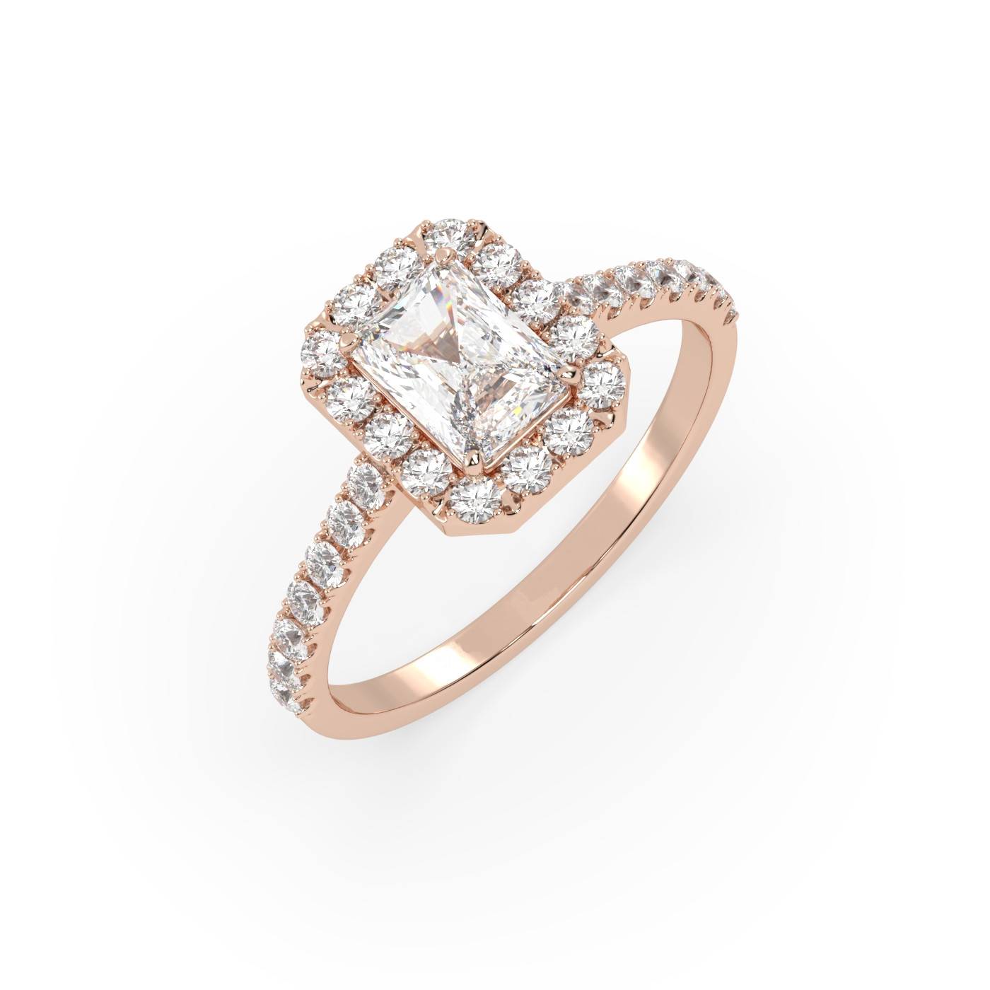 Pierścionek Halo z Różowego Złota 18k z Diamentem o Szlifie Radiant i Obrączką Pavé