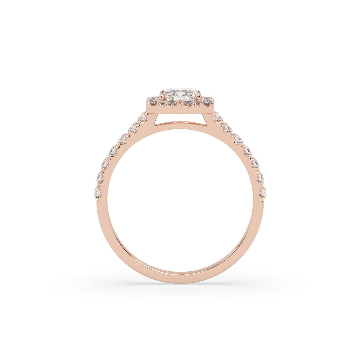 Pierścionek Halo z Różowego Złota 18k z Diamentem o Szlifie Radiant i Obrączką Pavé