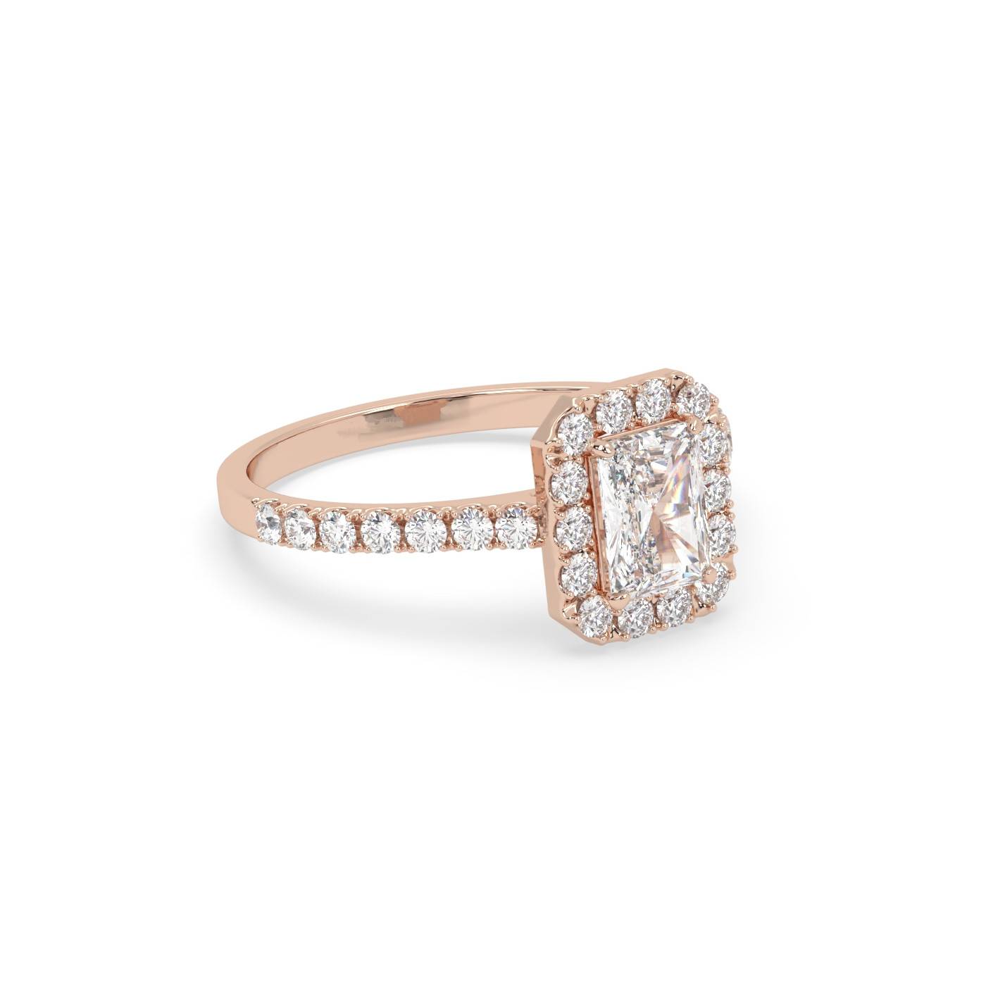 Pierścionek Halo z Różowego Złota 18k z Diamentem o Szlifie Radiant i Obrączką Pavé