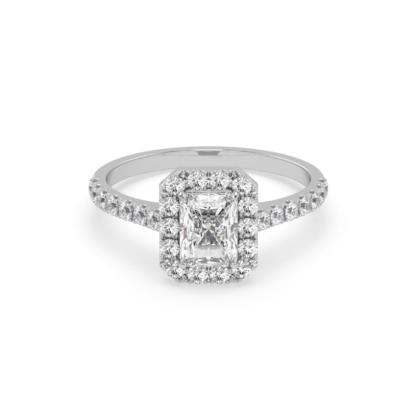 Pierścionek Halo z Białego Złota 18k z Diamentem o Szlifie Radiant i Obrączką Pavé