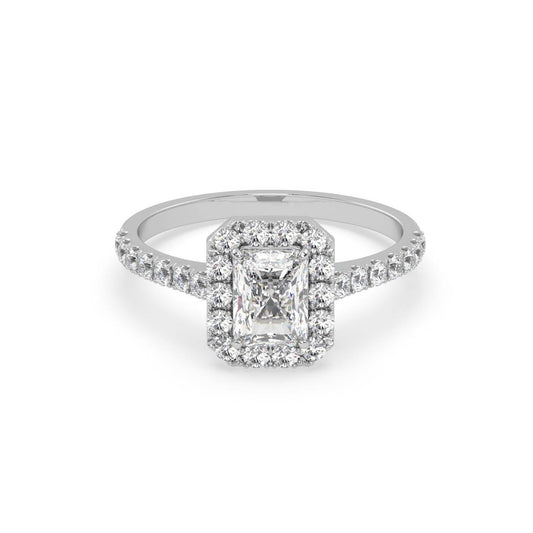 Pierścionek Halo z Białego Złota 18k z Diamentem o Szlifie Radiant i Obrączką Pavé