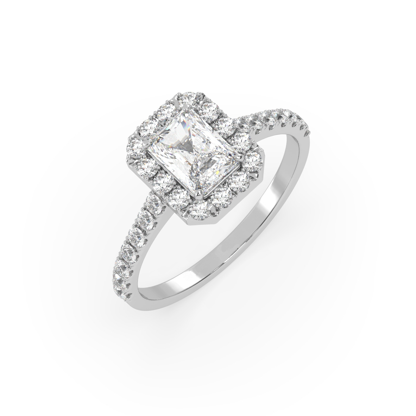 Pierścionek Halo z Białego Złota 18k z Diamentem o Szlifie Radiant i Obrączką Pavé