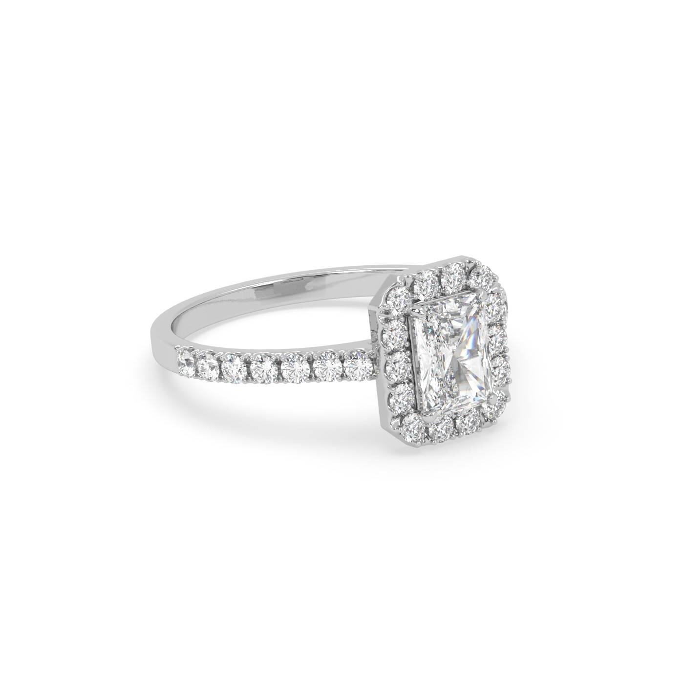 Pierścionek Halo z Białego Złota 18k z Diamentem o Szlifie Radiant i Obrączką Pavé