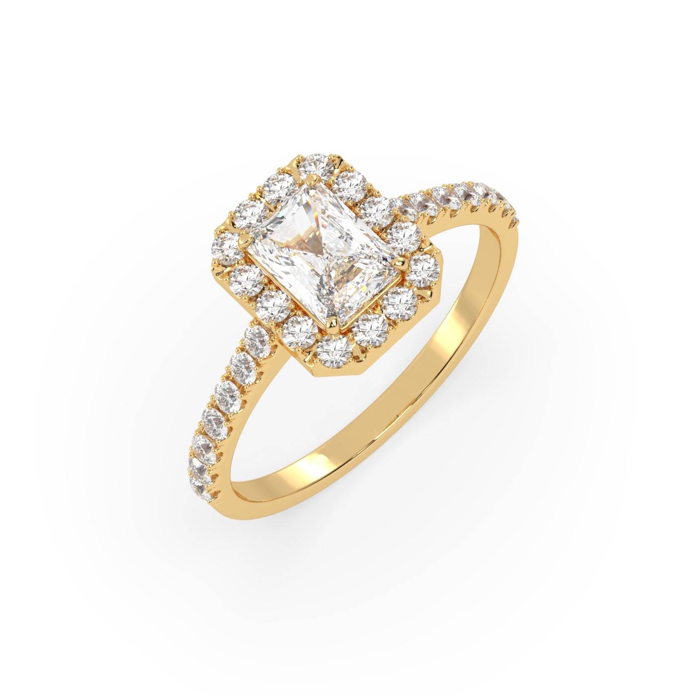 Pierścionek Halo z Żółtego Złota 18k z Diamentem o Szlifie Radiant i Obrączką Pavé