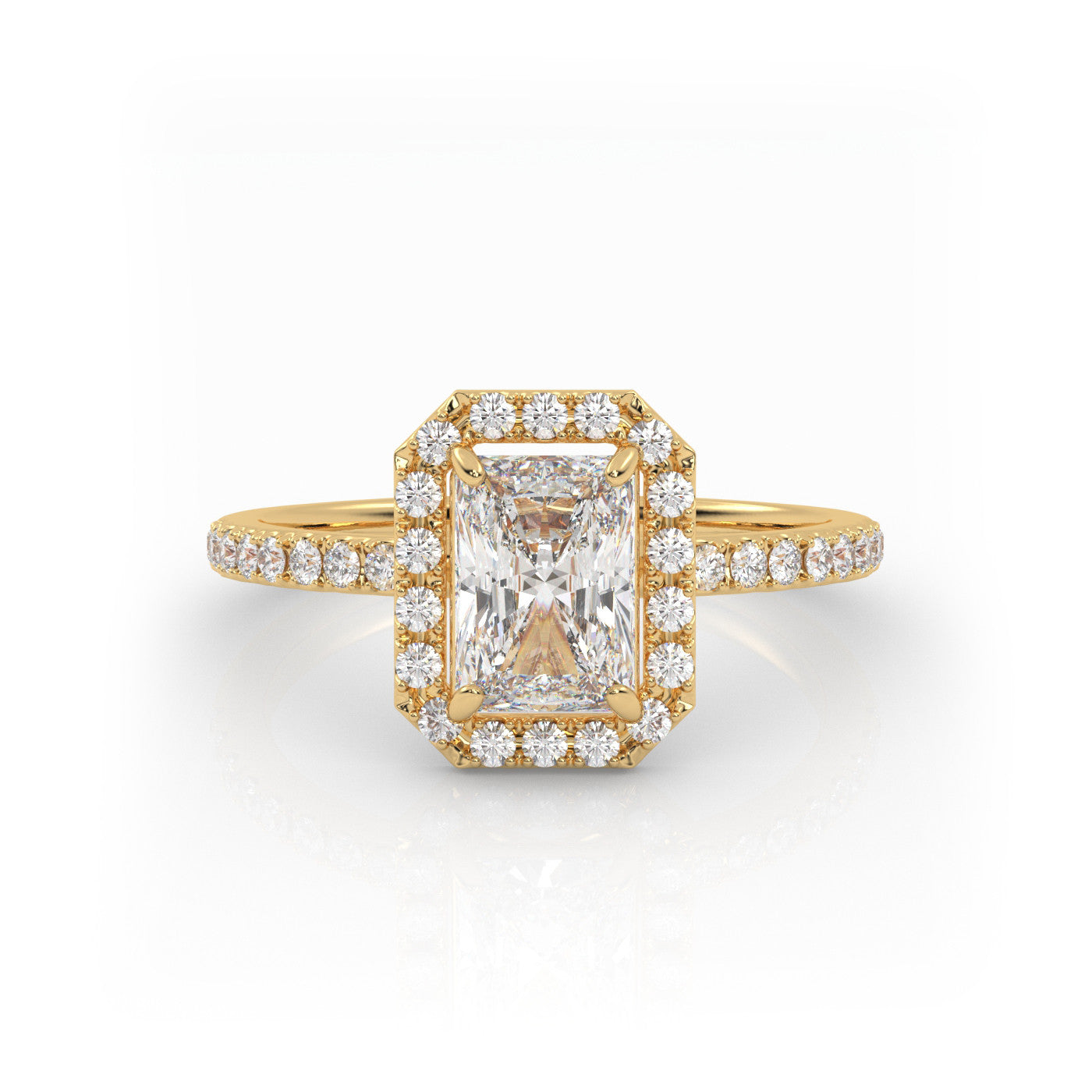 Pierścionek Zaręczynowy z Złota 18k z Diamentem o Szlifie Radiant, Osadą Halo i Pavé