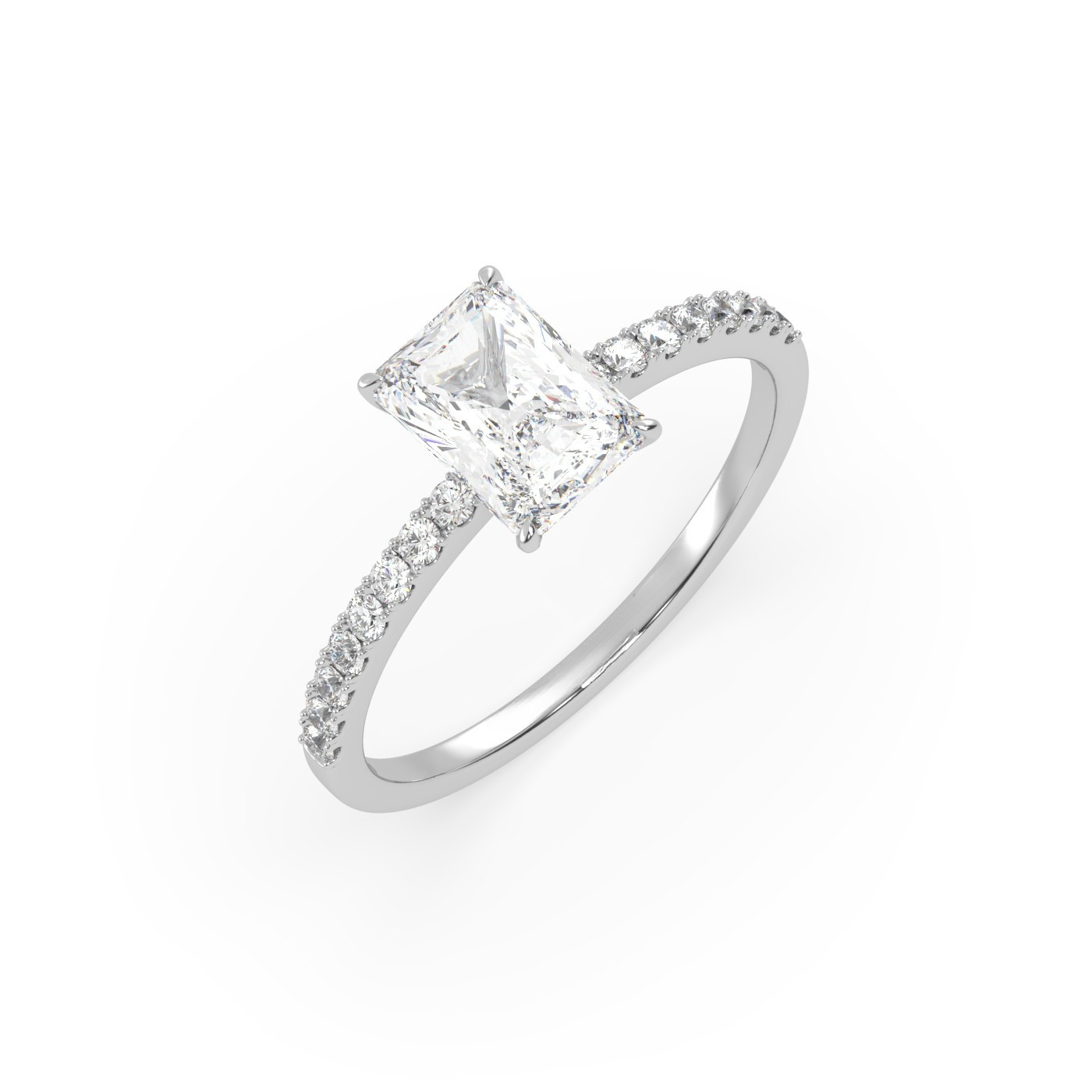 Pierścionek z Białego Złota 18k z Diamentem o Szlifie Radiant i Obrączką Pavé