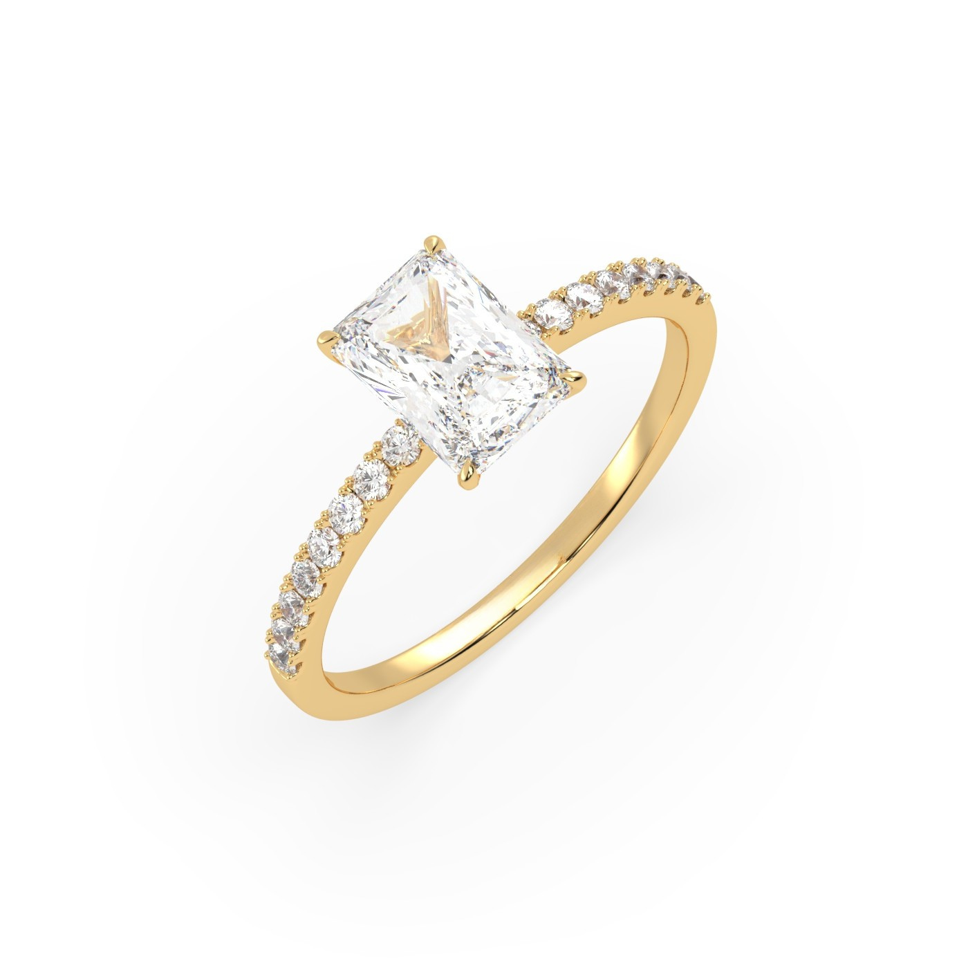 Pierścionek z Żółtego Złota 18k z Diamentem o Szlifie Radiant i Obrączką Pavé