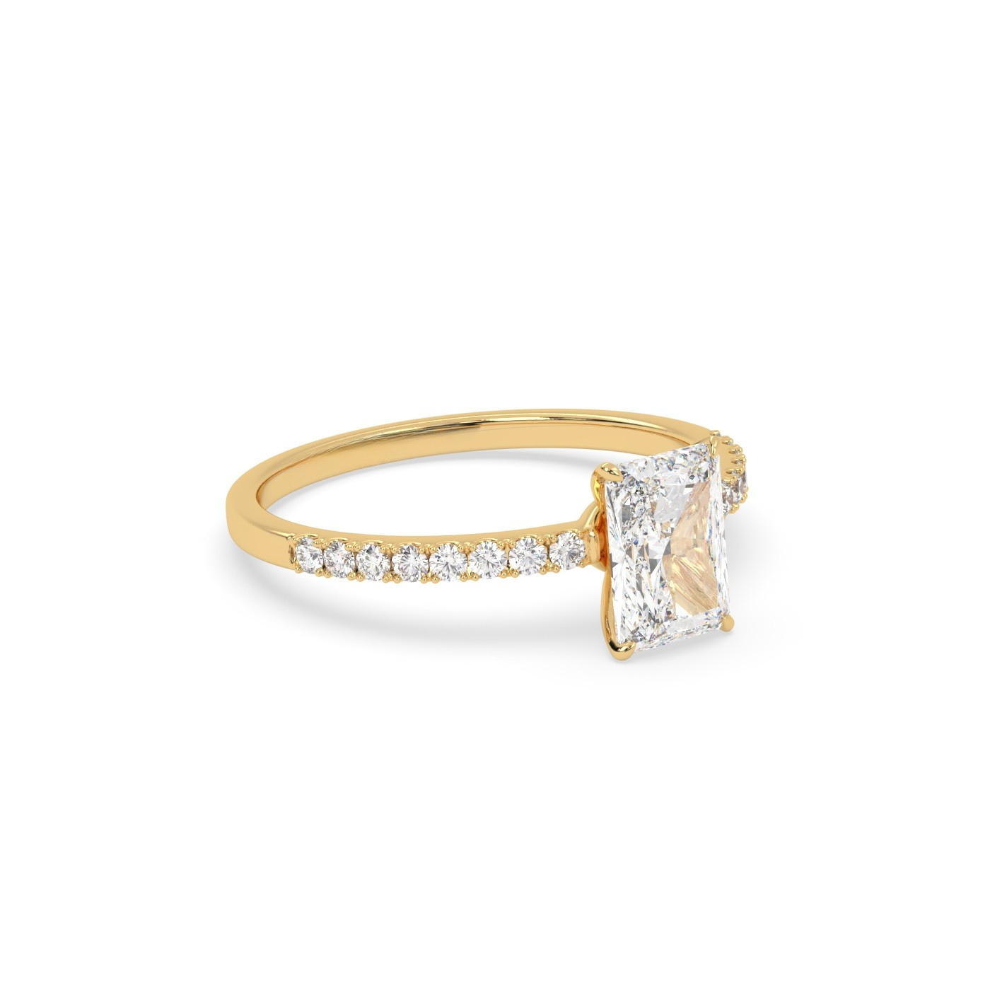 Pierścionek z Żółtego Złota 18k z Diamentem o Szlifie Radiant i Obrączką Pavé
