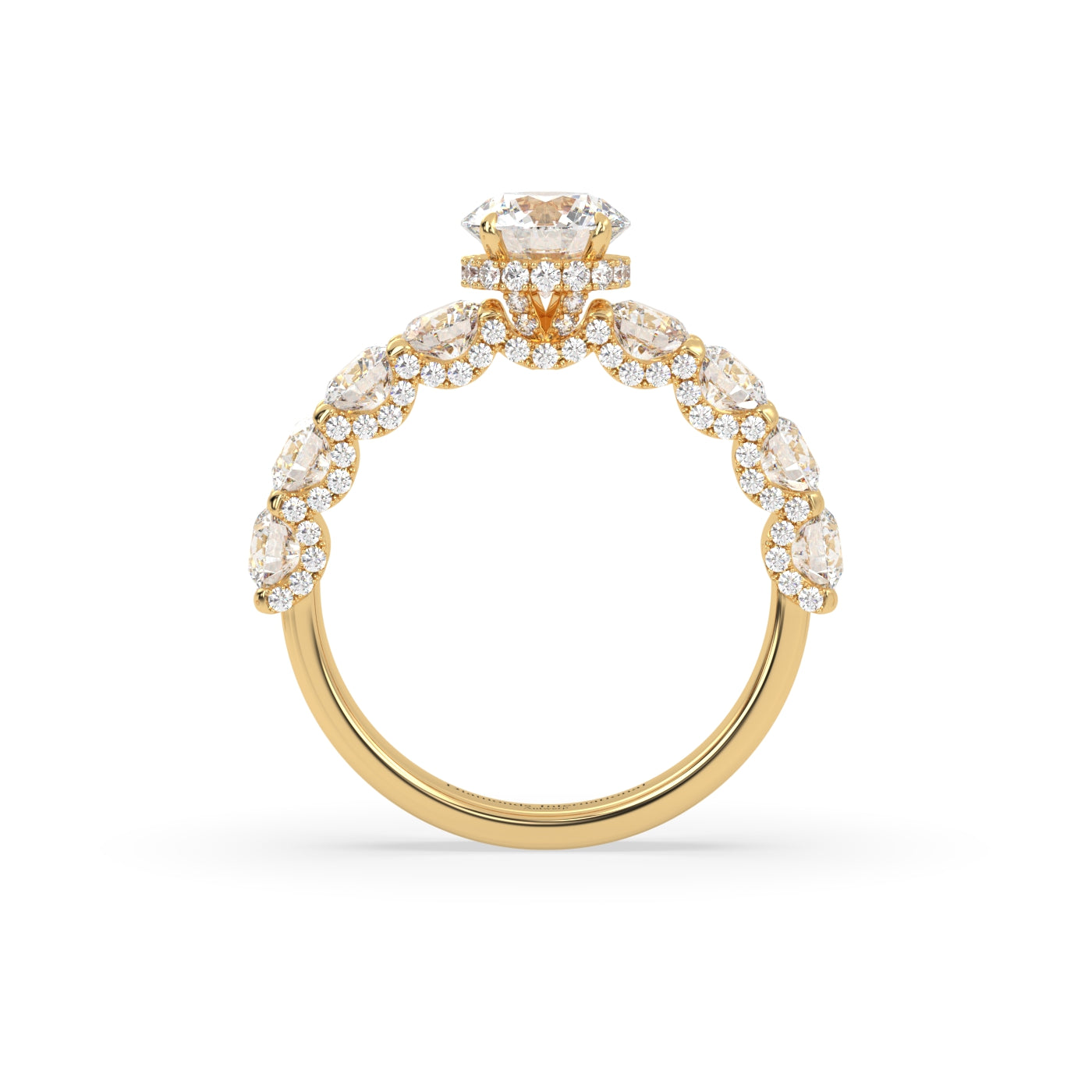 Pierścionek z Żółtego Złota 18k z Laboratoryjnym Okrągłym Diamentem, Bocznymi Diamentami i Diamentami Pod Pazurami