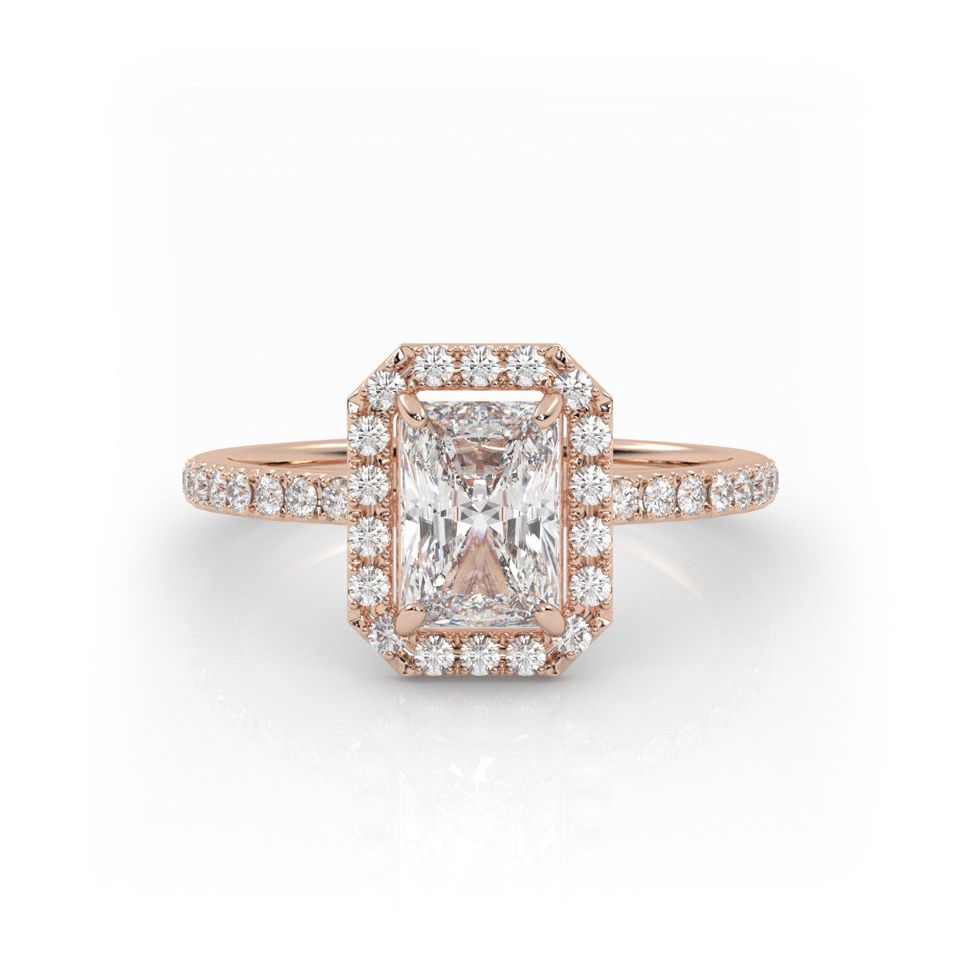 Pierścionek Zaręczynowy z Złota 18k z Diamentem o Szlifie Radiant, Osadą Halo i Pavé