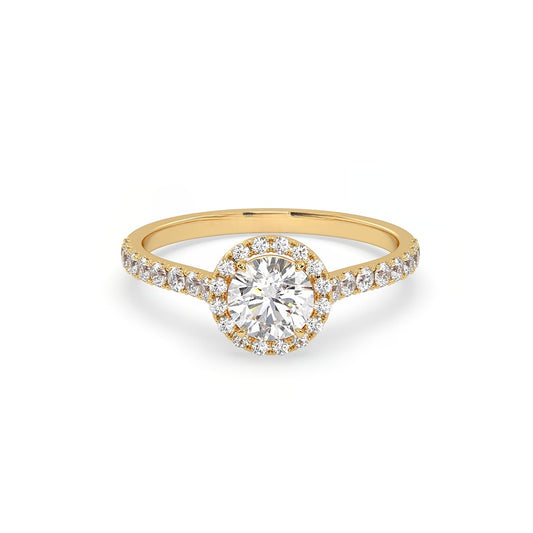 Pierścionek z Złota 18k z Okrągłym Diamentem w Oprawie Halo i Osadą Pavé