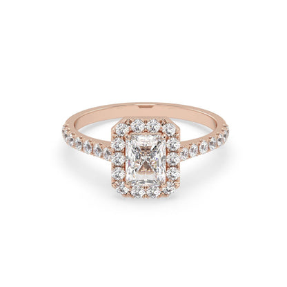 Pierścionek Halo z Różowego Złota 18k z Diamentem o Szlifie Radiant i Obrączką Pavé