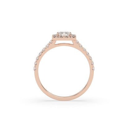 Pierścionek Halo z Różowego Złota 18k z Diamentem o Szlifie Radiant i Obrączką Pavé