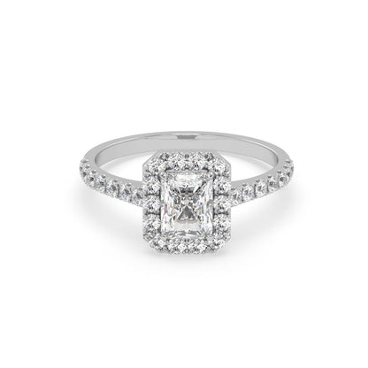 Pierścionek Halo z Białego Złota 18k z Diamentem o Szlifie Radiant i Obrączką Pavé
