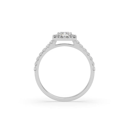 Pierścionek Halo z Białego Złota 18k z Diamentem o Szlifie Radiant i Obrączką Pavé