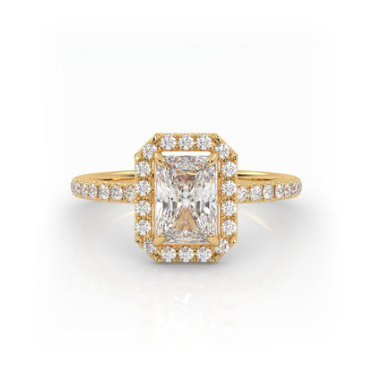 Pierścionek Zaręczynowy z Złota 18k z Diamentem o Szlifie Radiant, Osadą Halo i Pavé