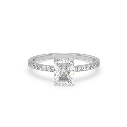 Pierścionek z Białego Złota 18k z Diamentem o Szlifie Radiant i Obrączką Pavé
