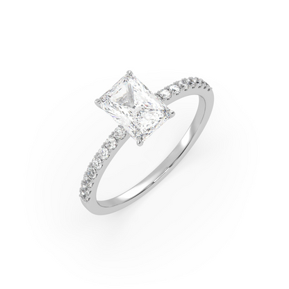 Pierścionek z Białego Złota 18k z Diamentem o Szlifie Radiant i Obrączką Pavé