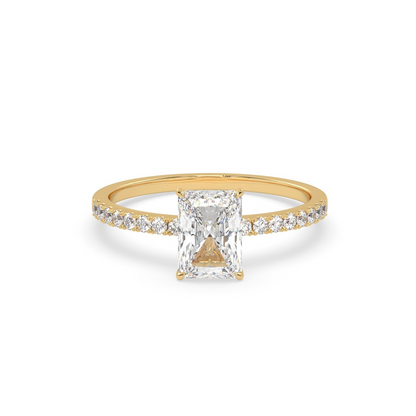 Pierścionek z Żółtego Złota 18k z Diamentem o Szlifie Radiant i Obrączką Pavé