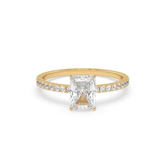 Pierścionek z Żółtego Złota 18k z Diamentem o Szlifie Radiant i Obrączką Pavé