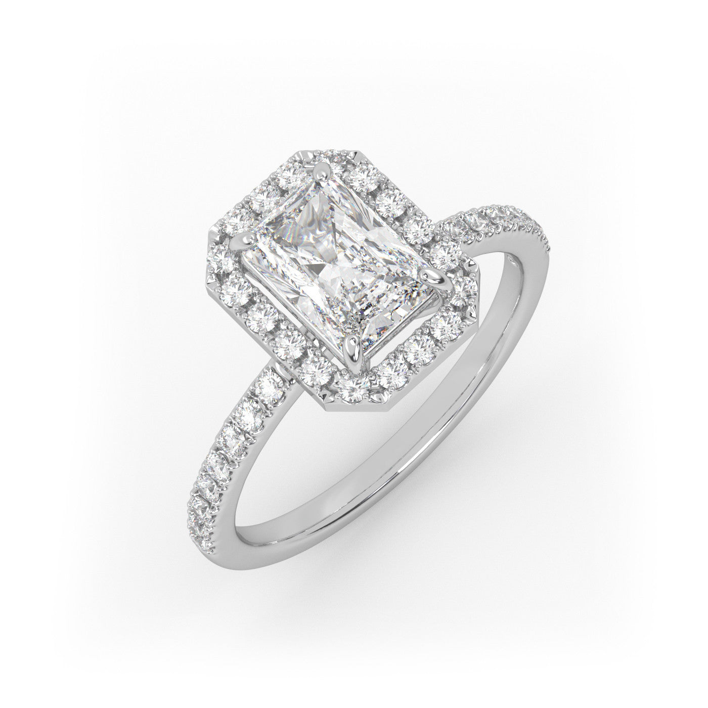 Pierścionek Zaręczynowy z Złota 18k z Diamentem o Szlifie Radiant, Osadą Halo i Pavé