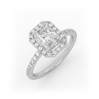 Pierścionek Zaręczynowy z Złota 18k z Diamentem o Szlifie Radiant, Osadą Halo i Pavé