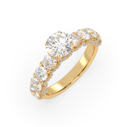 Pierścionek z Żółtego Złota 18k z Laboratoryjnym Okrągłym Diamentem, Bocznymi Diamentami i Diamentami Pod Pazurami