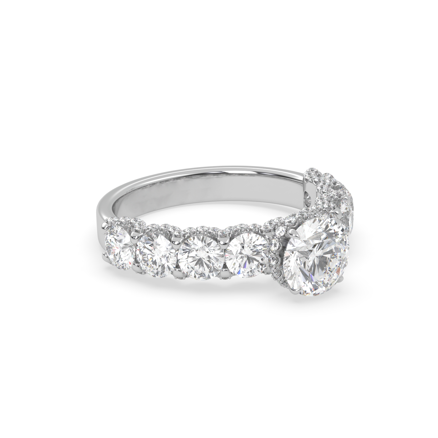 Pierścionek z Białego Złota 18k z Laboratoryjnym Okrągłym Diamentem, Bocznymi Diamentami i Diamentami Pod Pazurami