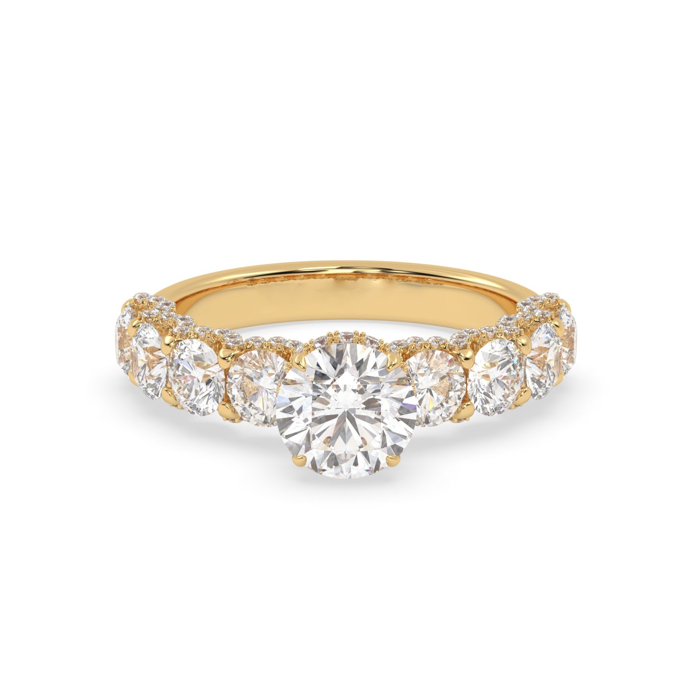 Pierścionek z Żółtego Złota 18k z Laboratoryjnym Okrągłym Diamentem, Bocznymi Diamentami i Diamentami Pod Pazurami