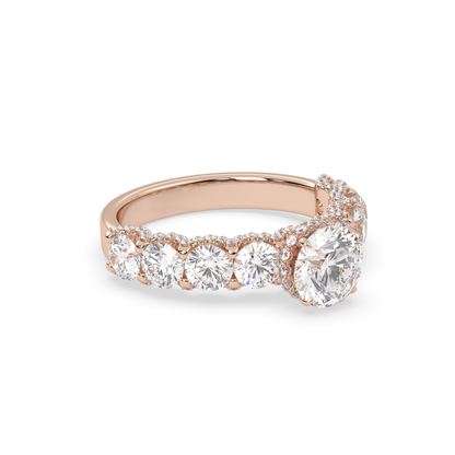 Pierścionek z Różowego Złota 18k z Laboratoryjnym Okrągłym Diamentem, Bocznymi Diamentami i Diamentami Pod Pazurami