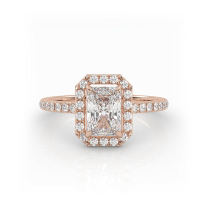 Pierścionek Zaręczynowy z Złota 18k z Diamentem o Szlifie Radiant, Osadą Halo i Pavé