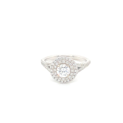 Pierścionek z Białego Złota 18k z Podwójnym Halo, Centralnym Diamentem 0.50 ct i Dodatkowymi Diamentami 0.81 ct